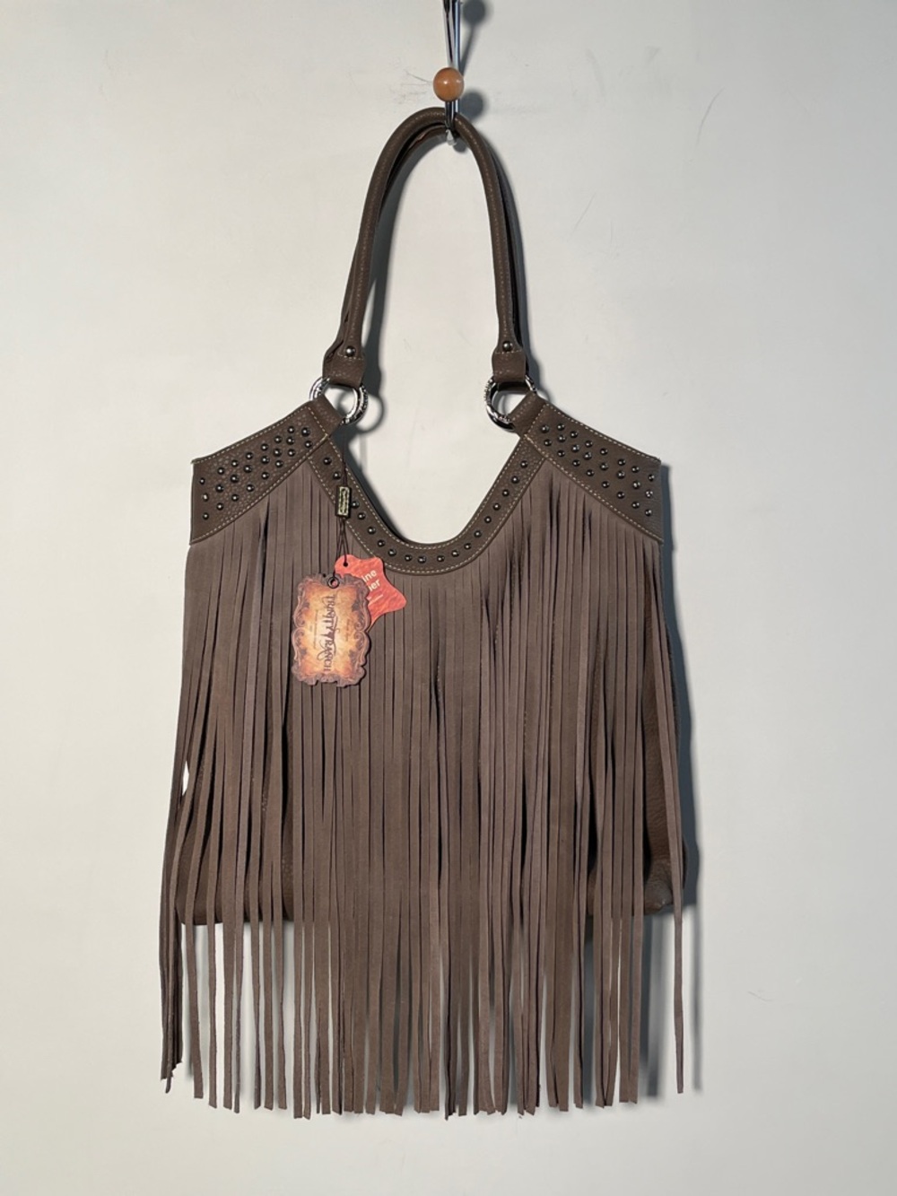 TRINITY RANCH NWT Western Real &Faux Leather Fringe & Studs Taupe Shoulder Purse